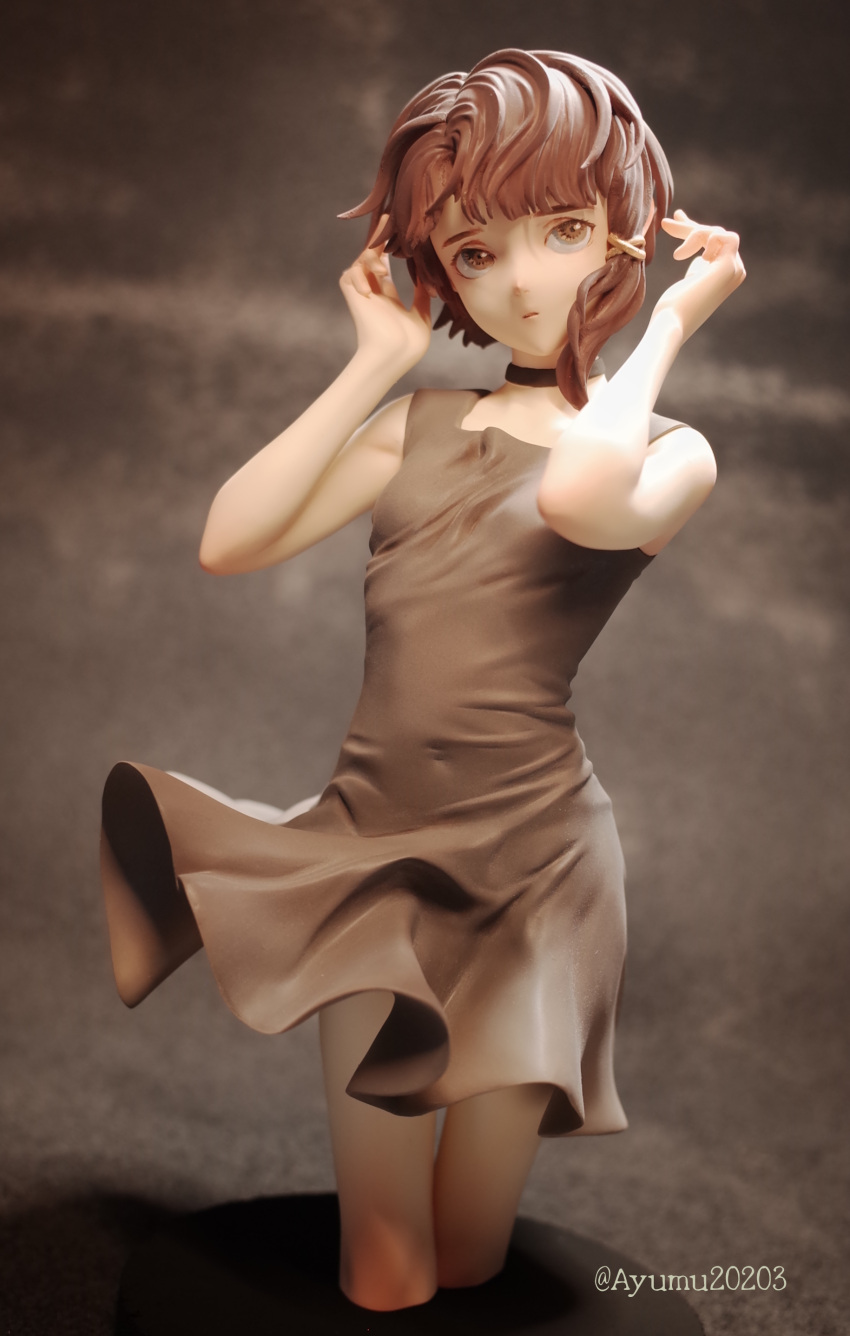 1girl, absurdres, breasts, brown_eyes, brown_hair, choker, dress, expressionless, garage_kit_(medium), grey_dress, hamano_ayumu, highres, iwakura_lain, looking_at_viewer, photo_(medium), serial_experiments_lain, short_hair, small_breasts, solo, unconventional_media