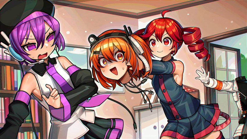 3girls, @_@, a.i._voice, adachi_rei, ahoge, armpit_peek, bare_shoulders, belt