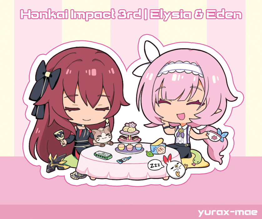 2girls, artist_name, black_dress, black_skirt, brown_cat, brown_hair, cake, can_(honkai_impact)