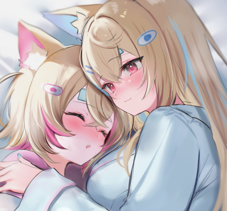 2girls, animal_ear_fluff, animal_ears, blonde_hair, blue_hair, blush, closed_eyes, dog_ears