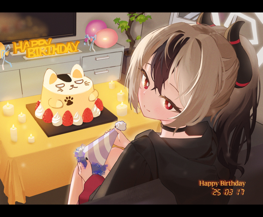 1girl, absurdres, balloon, birthday_cake, black_choker, black_hoodie, black_nails, blue_archive