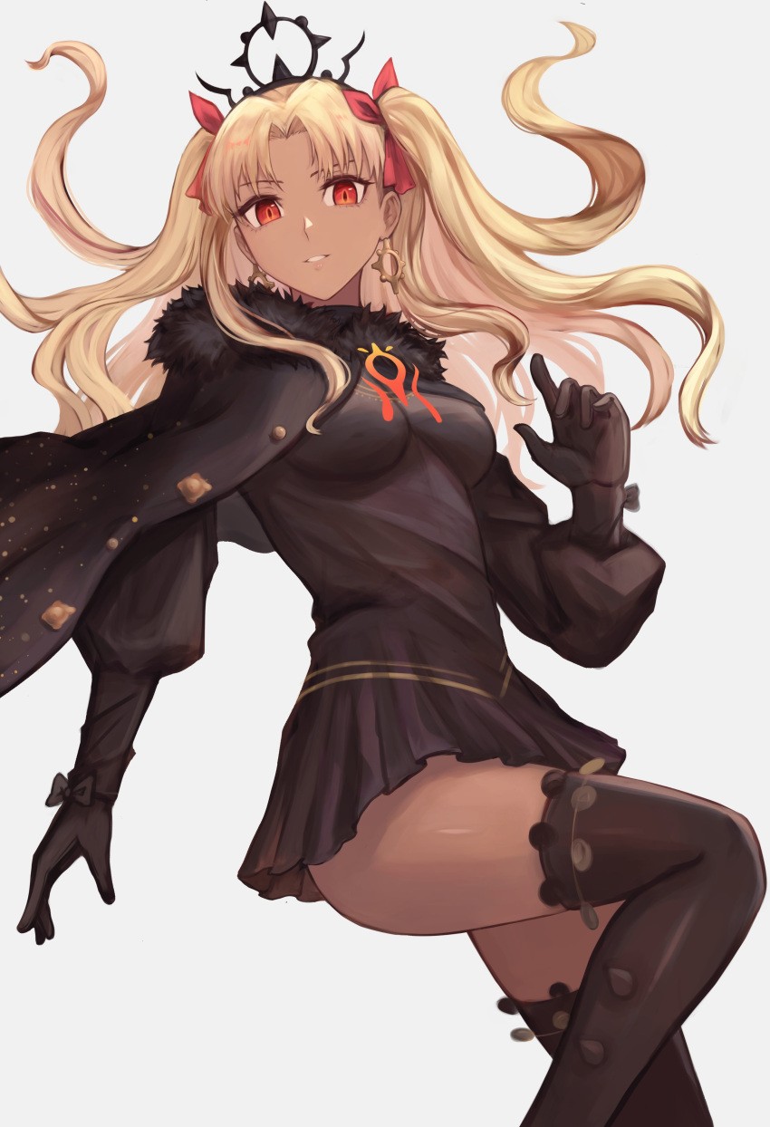 1girl, absurdres, black_coat, black_dress, black_gloves, black_thighhighs, black_tiara, blonde_hair