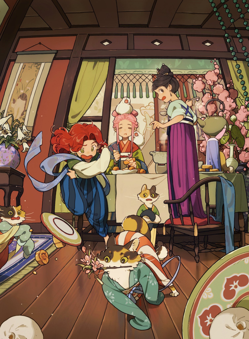 3girls, animal_on_head, animal_on_shoulder, bird, bird_on_head, bird_on_shoulder, blue_skirt, brown_hair