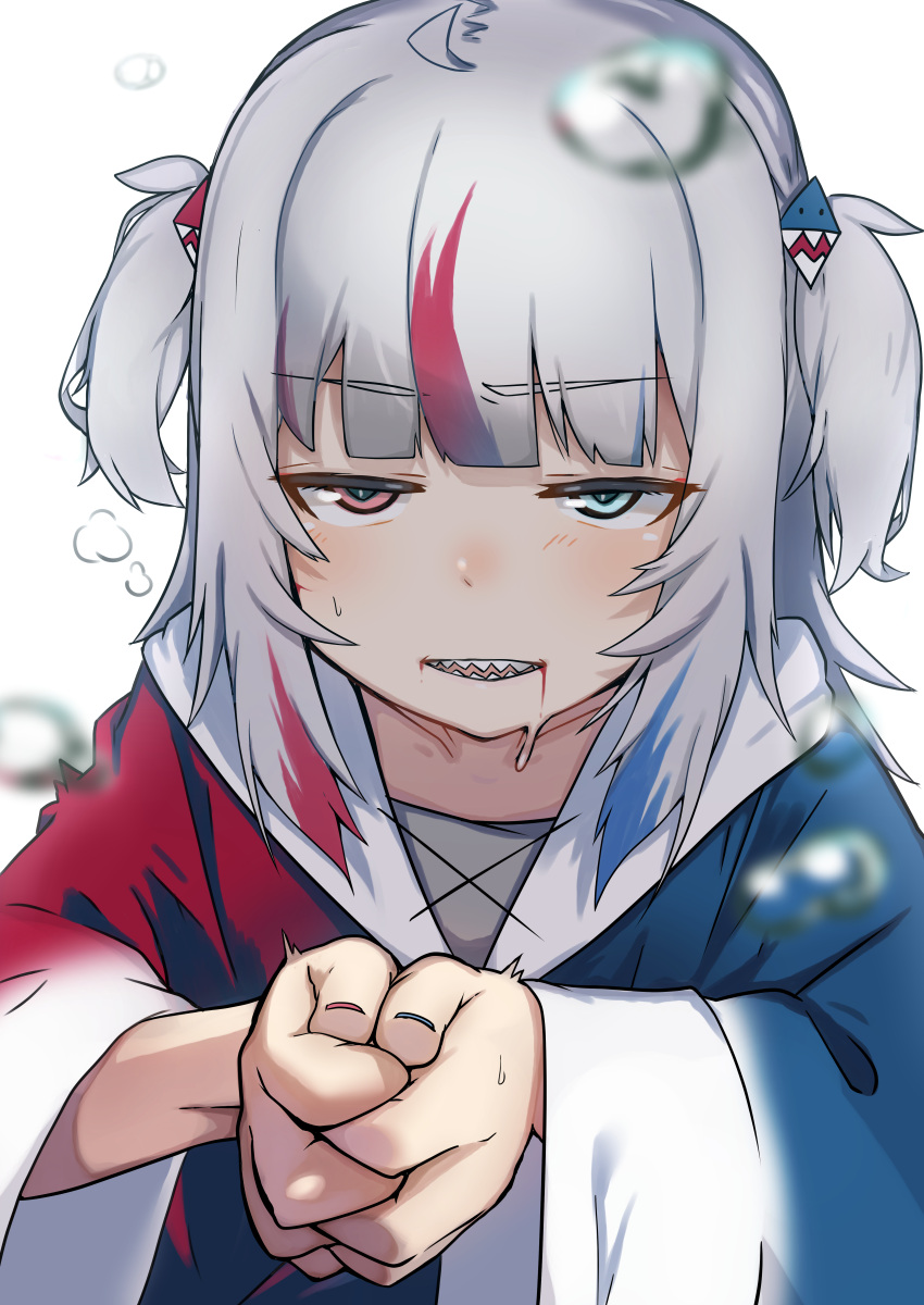 1girl, absurdres, ahoge, blood, blood_from_mouth, blue_eyes, blue_hair, blue_hoodie