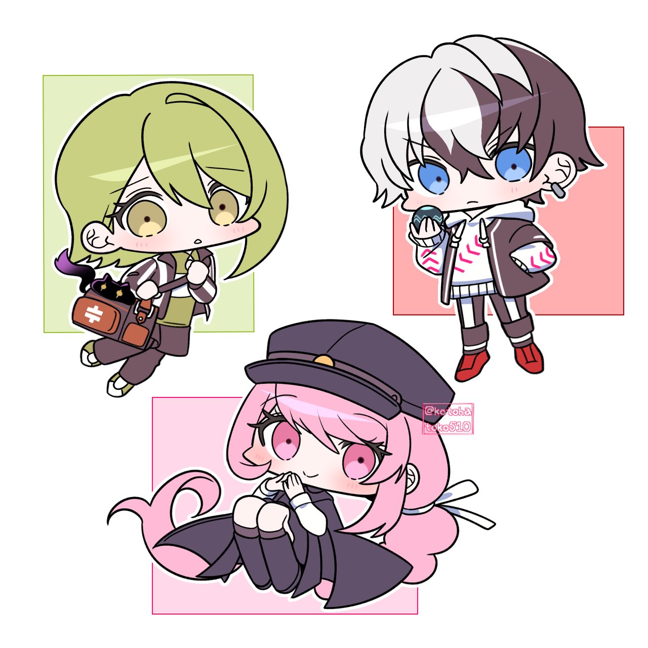 1girl, 2boys, bag, ball, baseball, black_boots, black_cape, black_hair