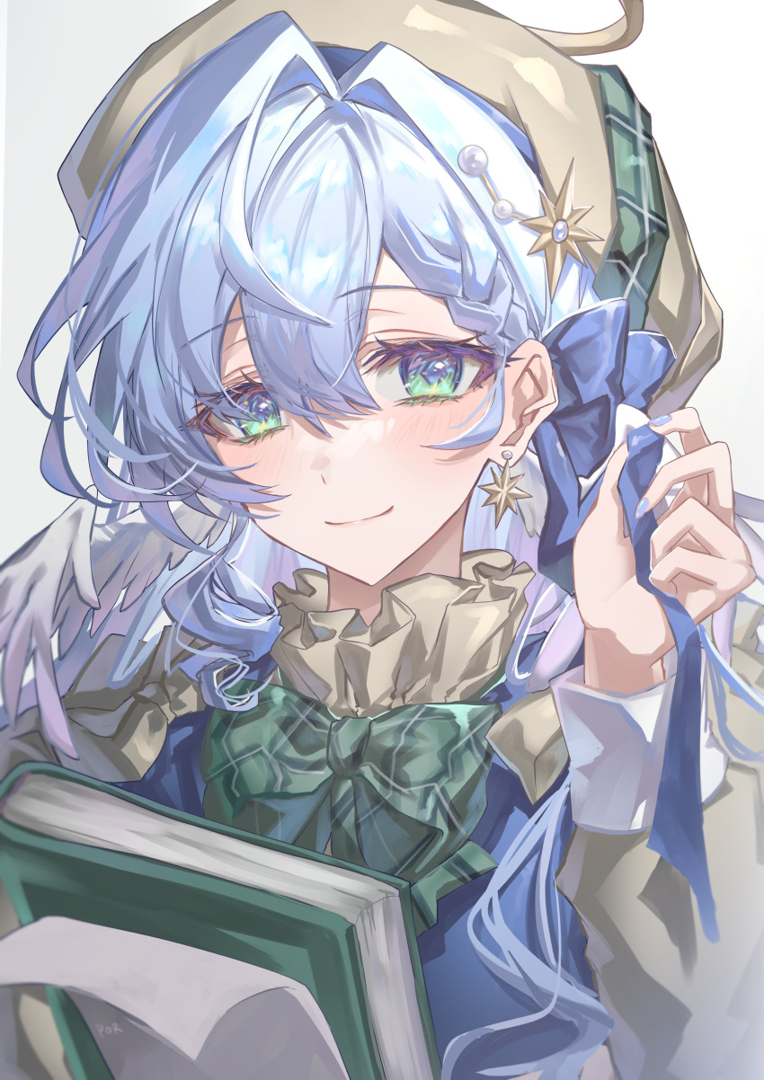 1girl, absurdres, beret, blue_hair, book, bow, bowtie, earrings