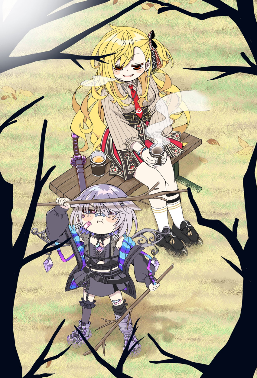 2girls, autumn, bench, blonde_hair, blush, blush_stickers, bow, breath