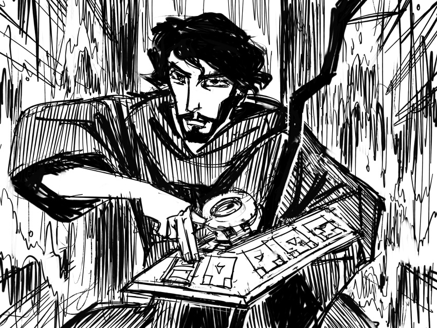 1boy, absurdres, beard, cane, duel_disk, facial_hair, greyscale, highres