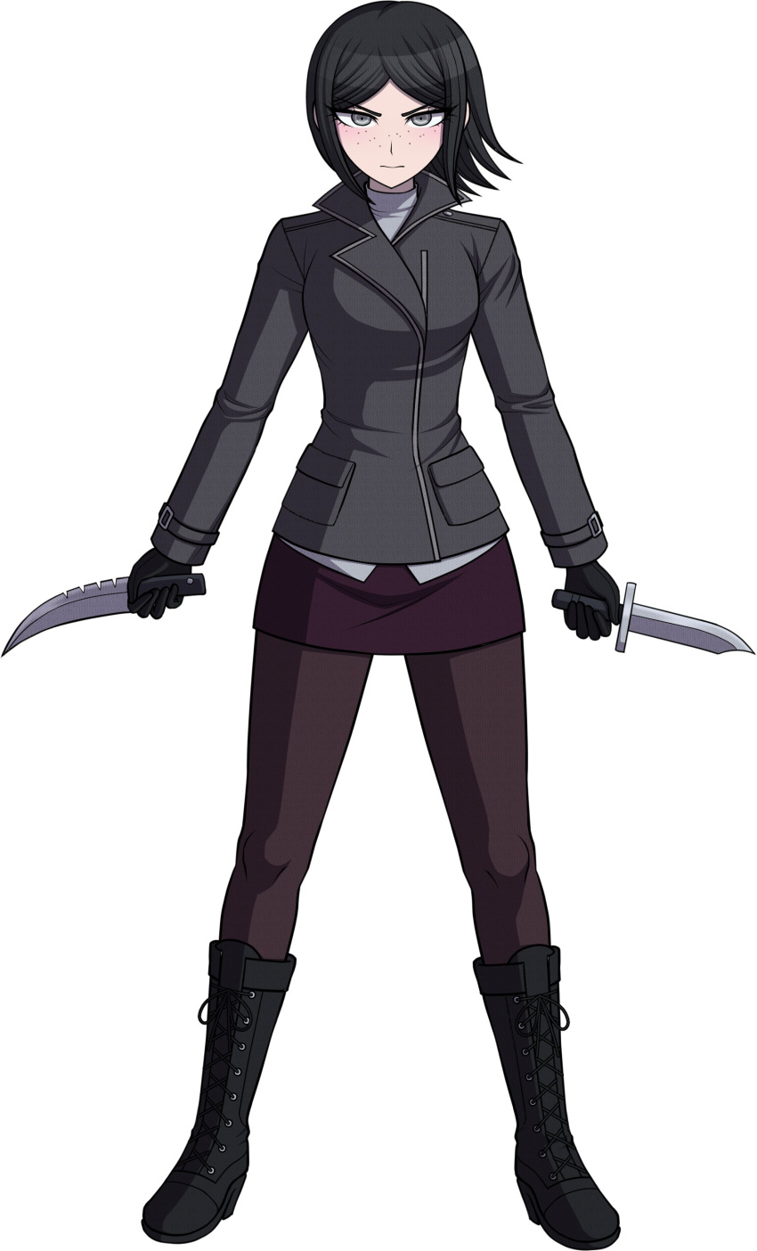1girl, absurdres, black_gloves, black_hair, boots, brown_skirt, commission, danganronpa_(series)