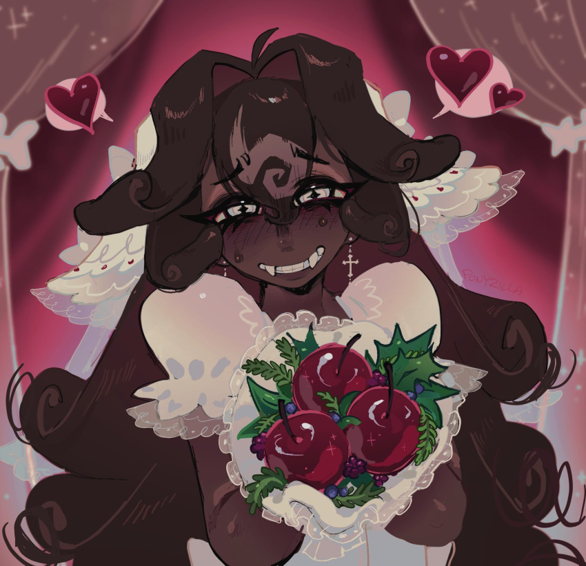 black_forest_cookie, bouquet, bow, bridal_veil, cherry, cookie_run, cookie_run:_kingdom, cross-shaped_pupils