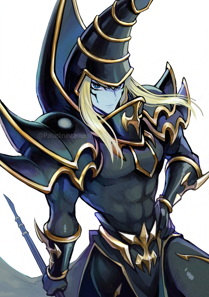 1boy, abs, armor, black_armor, black_hat, blonde_hair, blue_eyes, blue_skin, colored_skin, dark_magician, dark_magician_the_ebon_sorcerer, duel_monster, facial_mark, hat, holding, holding_staff, izapara, looking_at_viewer, male_focus, revision, shoulder_armor, simple_background, solo, staff, toned, toned_male, twitter_username, white_background, yu-gi-oh!