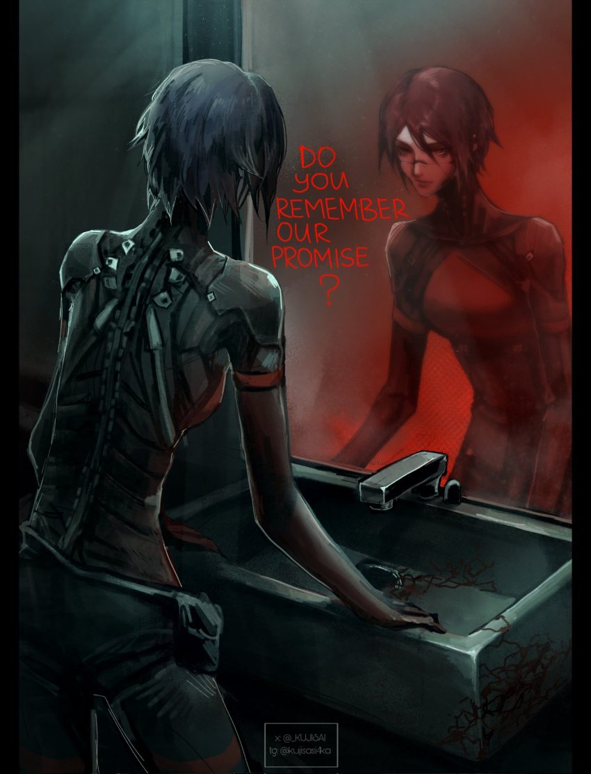 1girl, android, bathroom, black_hair, elster_(signalis), english_text, highres, horror_(theme), kujisai, looking_at_mirror, mirror, red_light, robot_girl, short_hair, signalis, sink, solo