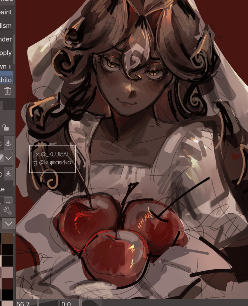black_forest_cookie, bouquet, bridal_veil, cherry, cookie_run, cookie_run:_kingdom, cross-shaped_pupils, dark-skinned_female, dark_skin, dress, food, fruit, half-closed_eyes, highres, holding, holding_bouquet, kujisai, looking_at_viewer, puffy_sleeves, symbol-shaped_pupils, veil, wedding_dress, white_dress, white_eyes, white_veil