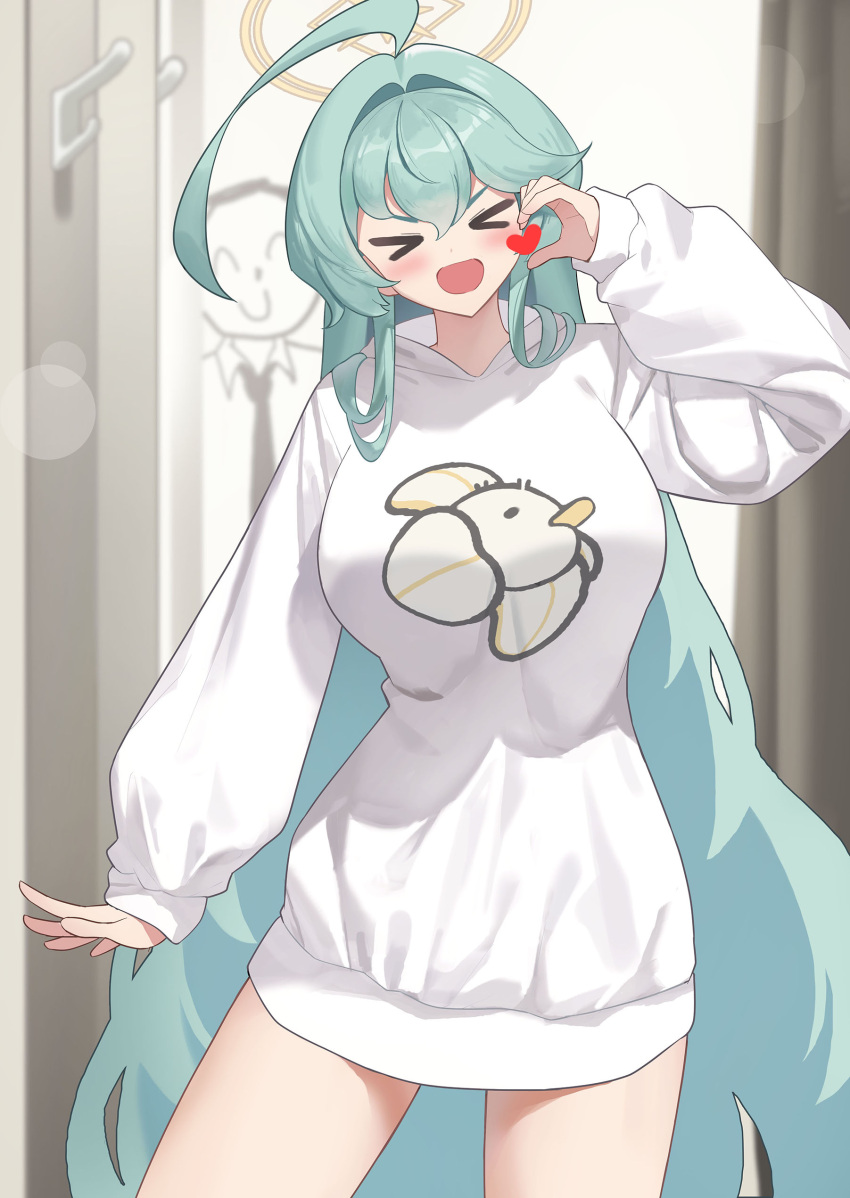 >o<, 1boy, 1girl, absurdres, ahoge, alternate_costume, aqua_hair, blue_archive