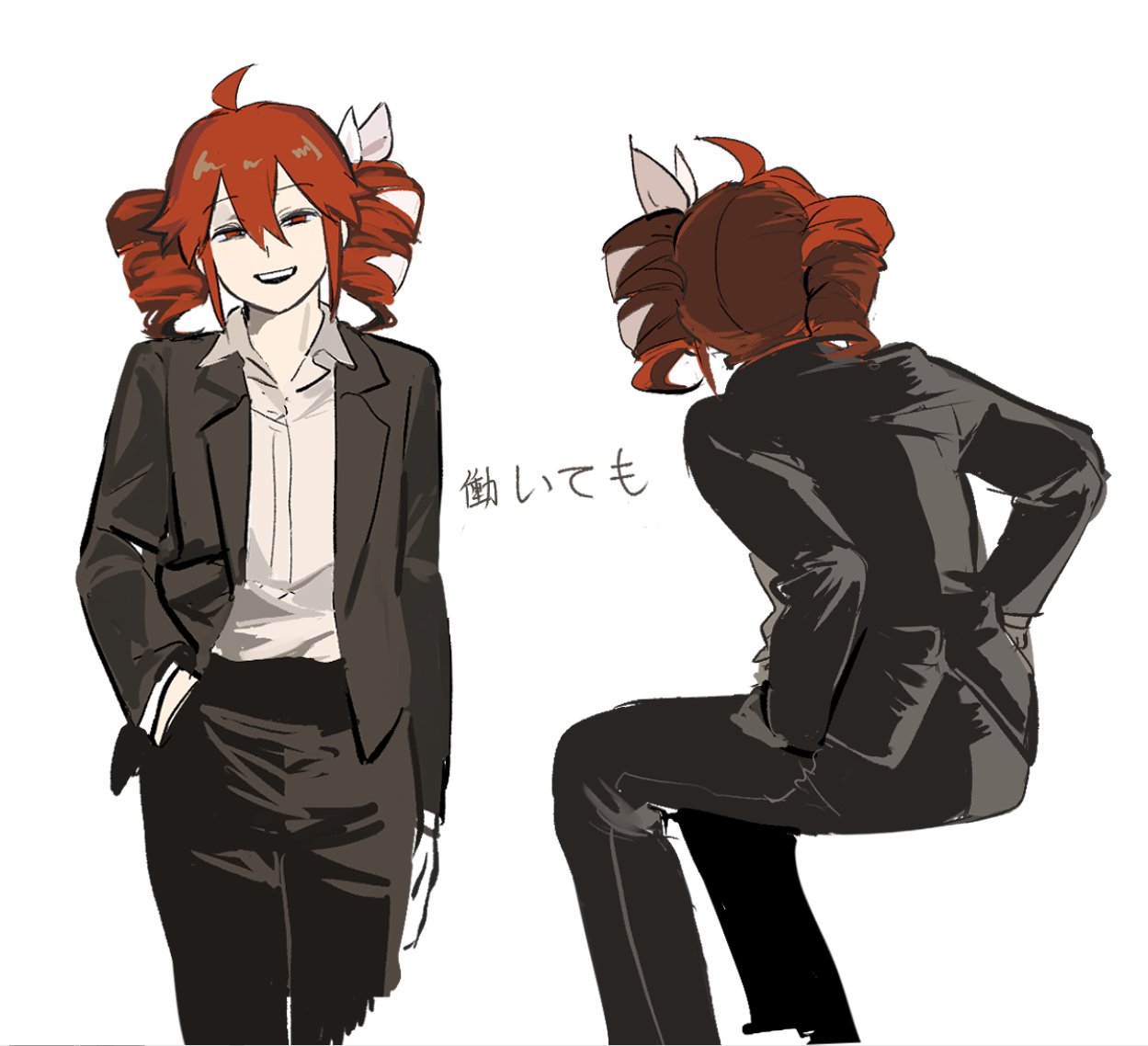 1girl, ahoge, black_jacket, black_pants, bow, collared_shirt, drill_hair, hair_bow