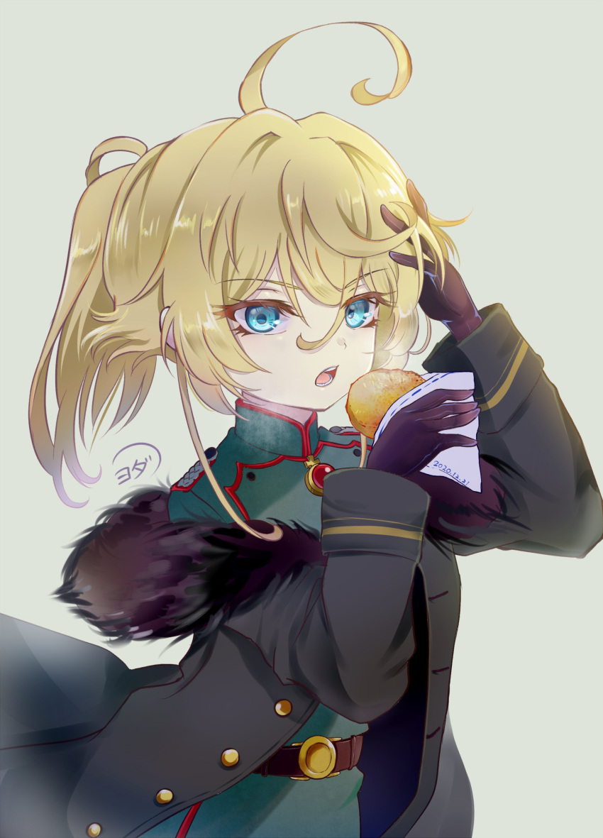 1girl, absurdres, ahoge, belt, black_coat, black_gloves, blonde_hair, blue_eyes
