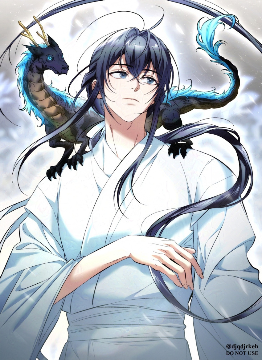 1boy, black_hair, blue_eyes, chinese_clothes, closed_mouth, djqdjrkeh, dragon, dragon_on_shoulder