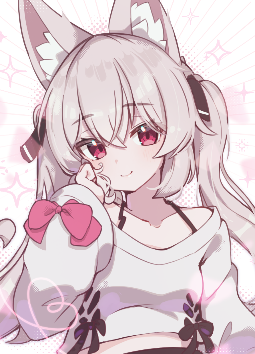 1girl, animal_ear_fluff, animal_ears, bare_shoulders, black_ribbon, black_skirt, blush, bow