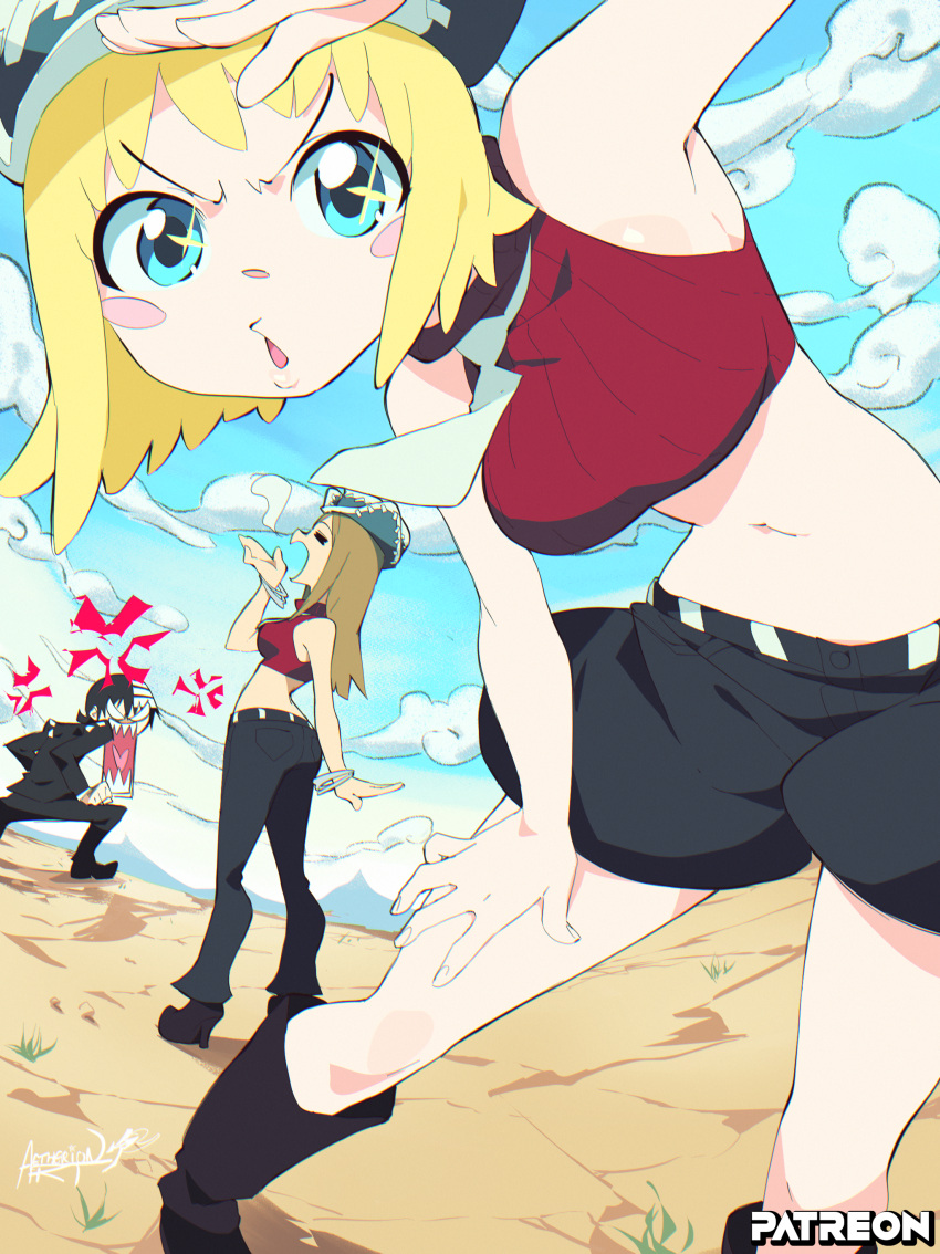 1boy, 2girls, :o, absurdres, aetherion, anger_vein, angry, black_boots