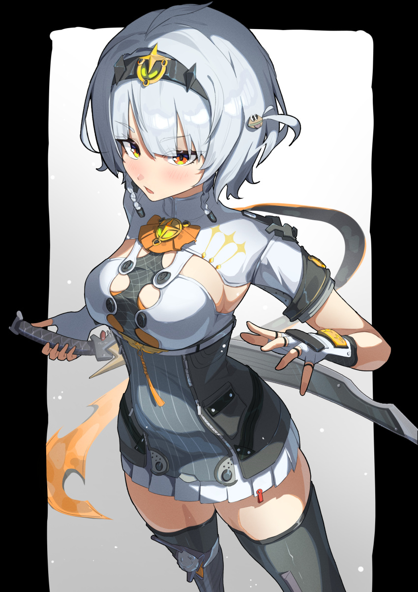 1girl, absurdres, anby_demara, anby_demara_(silver_soldier), cowboy_shot, dress, fingerless_gloves, from_above, gloves, grey_dress, hairband, highres, holding, holding_sword, holding_weapon, kumo_sakamoto, looking_at_viewer, medium_hair, orange_eyes, solo, sword, thick_thighs, thighs, weapon, white_gloves, white_hair, zenless_zone_zero, zettai_ryouiki
