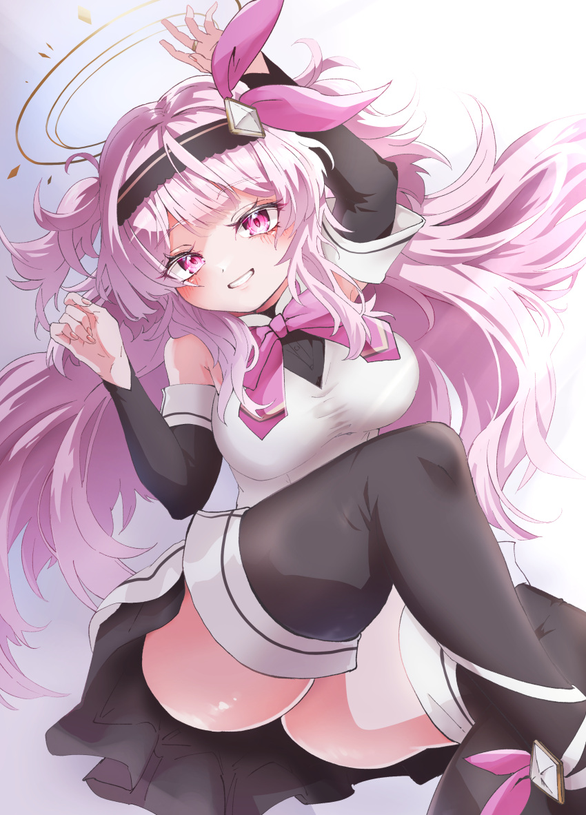 1girl, absurdres, arm_up, ass, bare_shoulders, black_hairband, black_headband, black_skirt