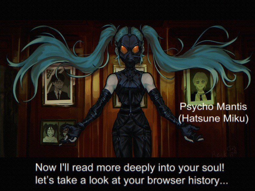 1girl, absurdres, aqua_hair, black_gloves, chainsaw_man, character_name, commentary, cosplay, elbow_gloves, english_commentary, english_text, fourth_wall, gas_mask, gloves, hatsune_miku, highres, kojima_hideo, long_hair, makima_(chainsaw_man), mask, metal_gear_(series), metal_gear_solid, parody, partially_fingerless_gloves, portrait_(object), psycho_mantis, psycho_mantis_(cosplay), real_life, reykun, subtitled, twintails, very_long_hair, vocaloid