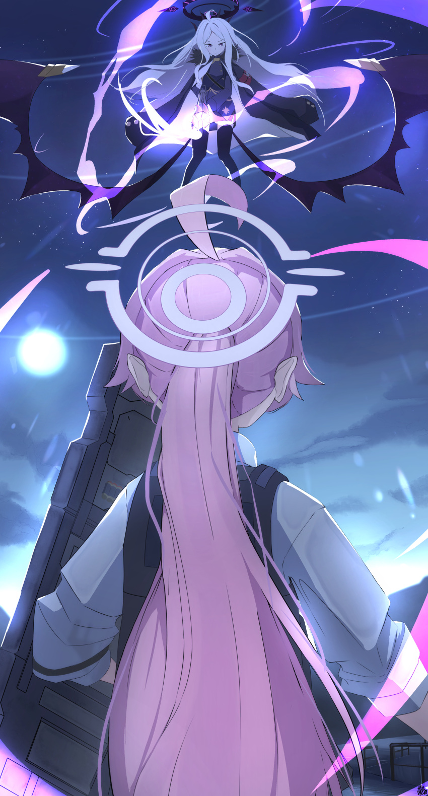 2girls, absurdres, ahoge, bat_wings, battle, black_coat, black_halo, black_jacket