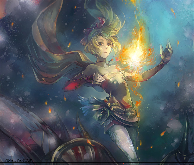 cape, detached_sleeves, final_fantasy, final_fantasy_vi, fire, green_hair, hair_ribbon, magic, pantyhose, ribbon, s1minami, sash, solo, tina_branford