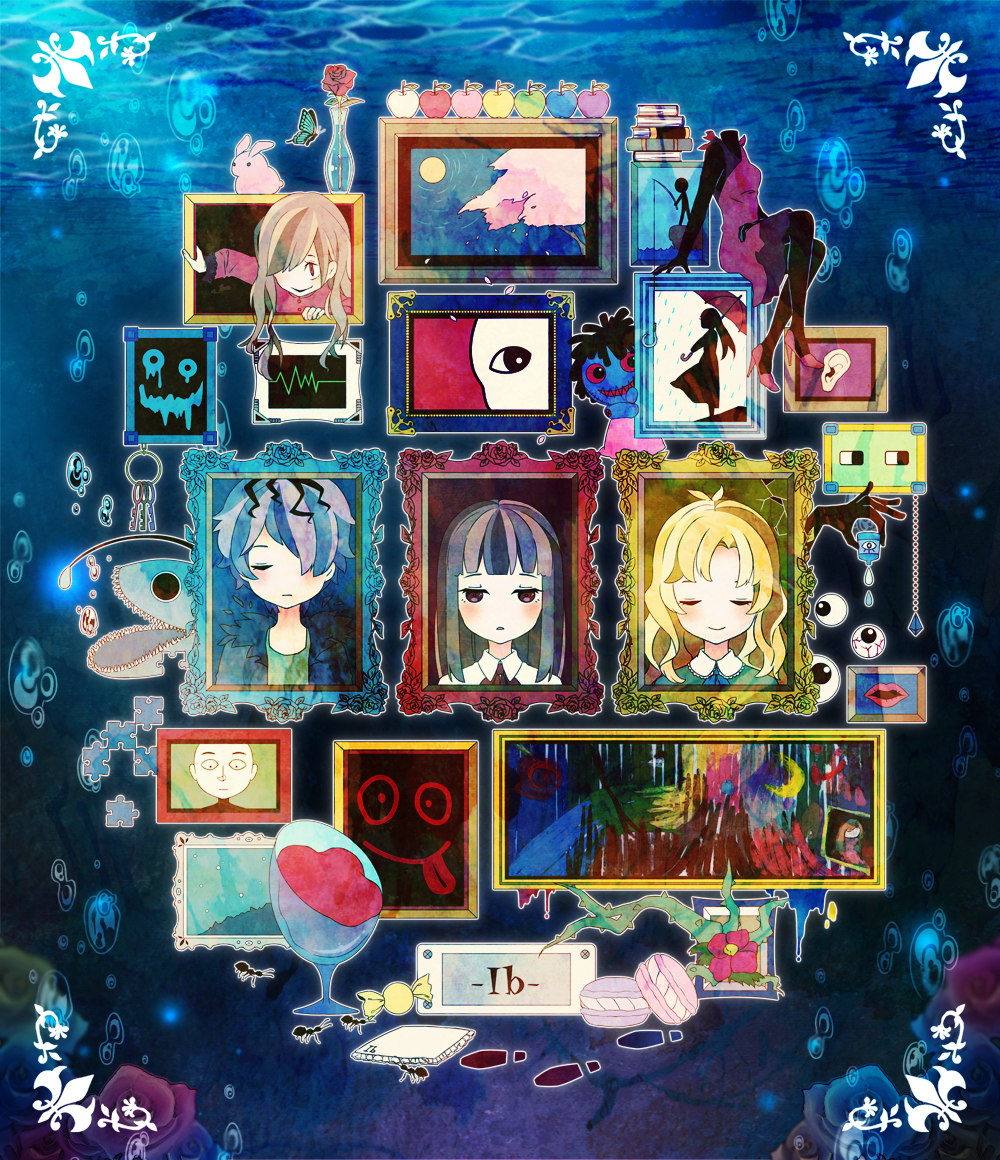1boy, 3girls, ant, antenna_hair, apple, blonde_hair, blue_bow, blue_bowtie