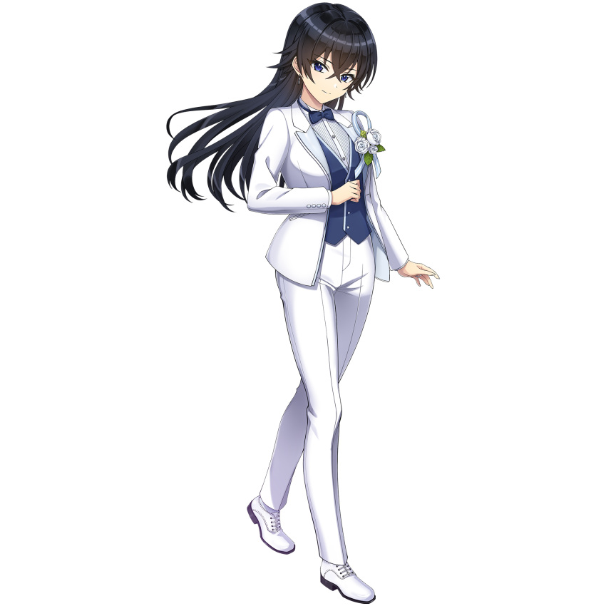 black_hair, blue_bow, blue_bowtie, blue_eyes, blue_shirt, bow, bowtie, dolphin_wave