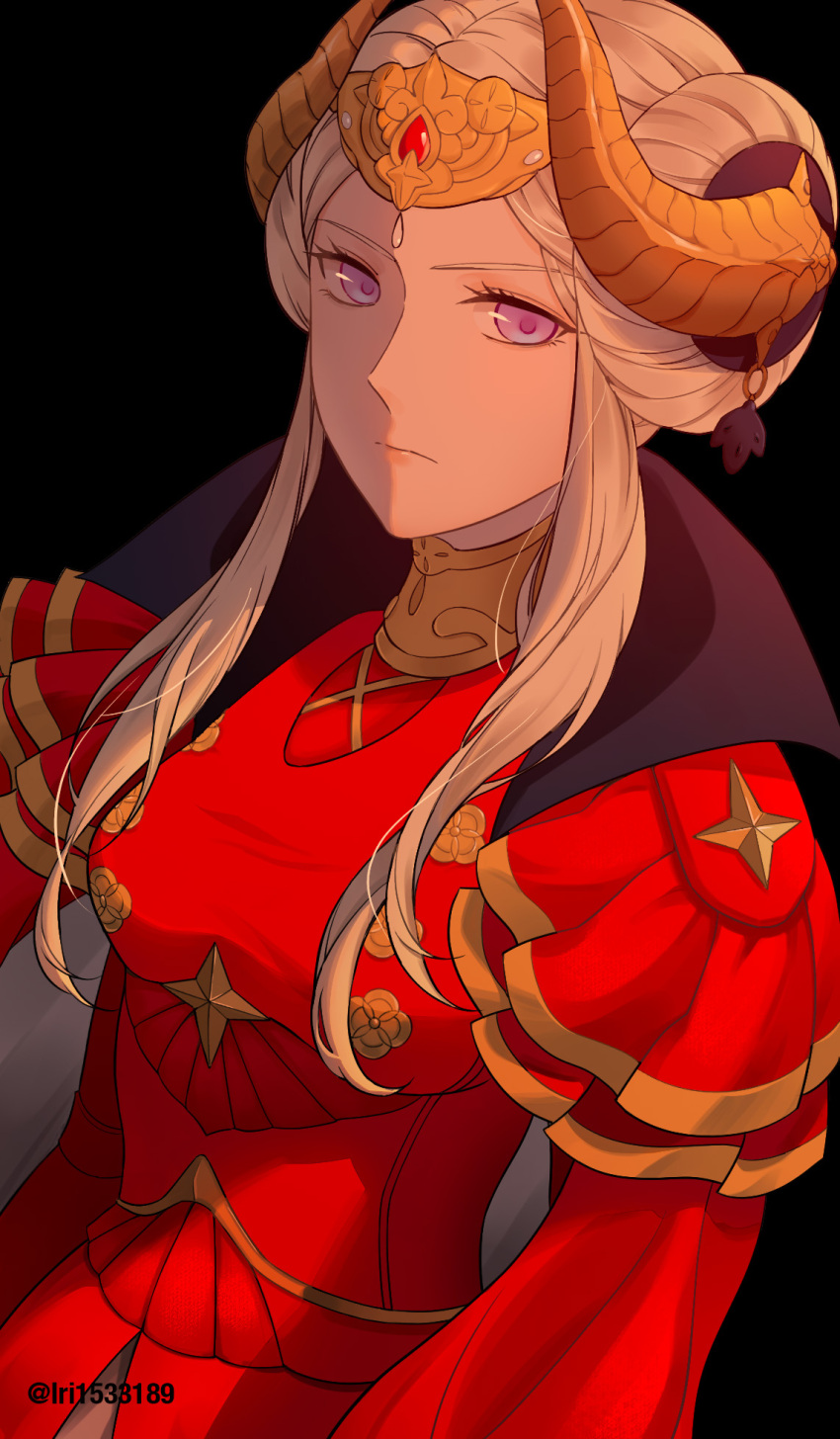 1girl, armor, black_background, cape, commentary, edelgard_von_hresvelg, english_commentary, fake_horns