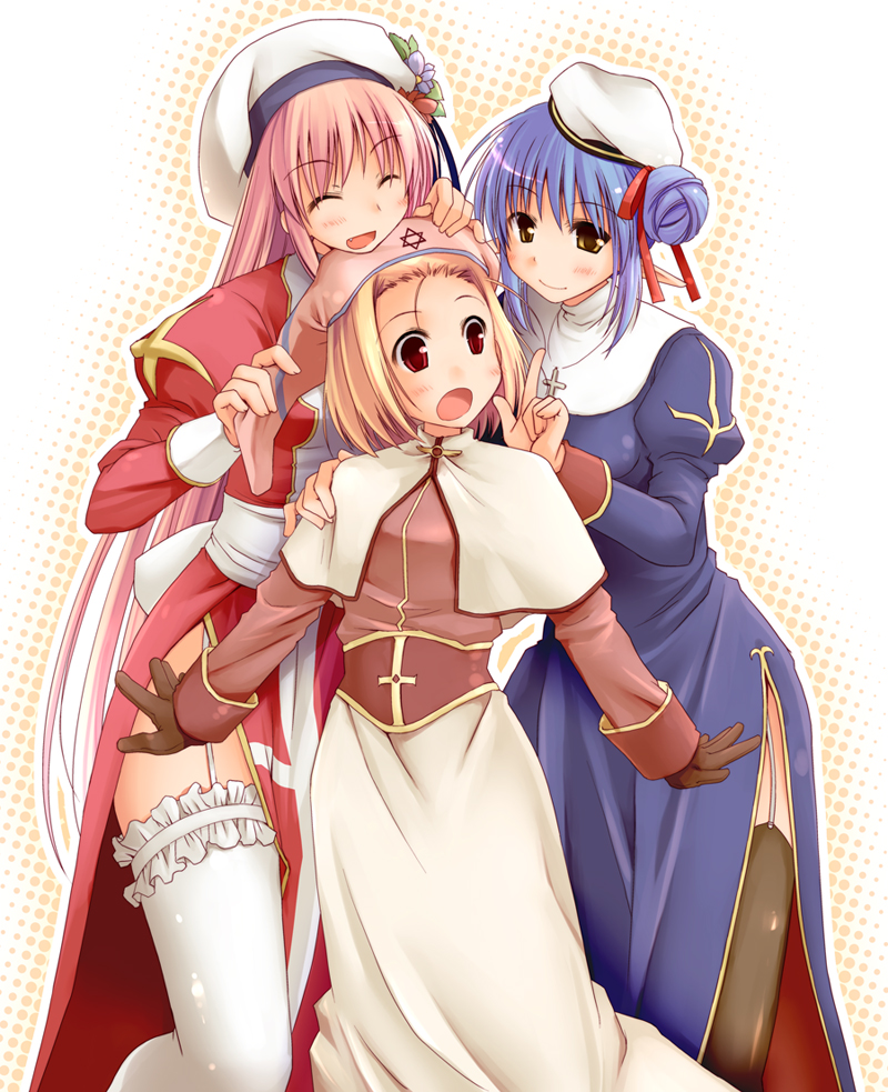 acolyte, bad_id, black_legwear, black_thighhighs, blonde_hair, blue_hair, closed_eyes, cross