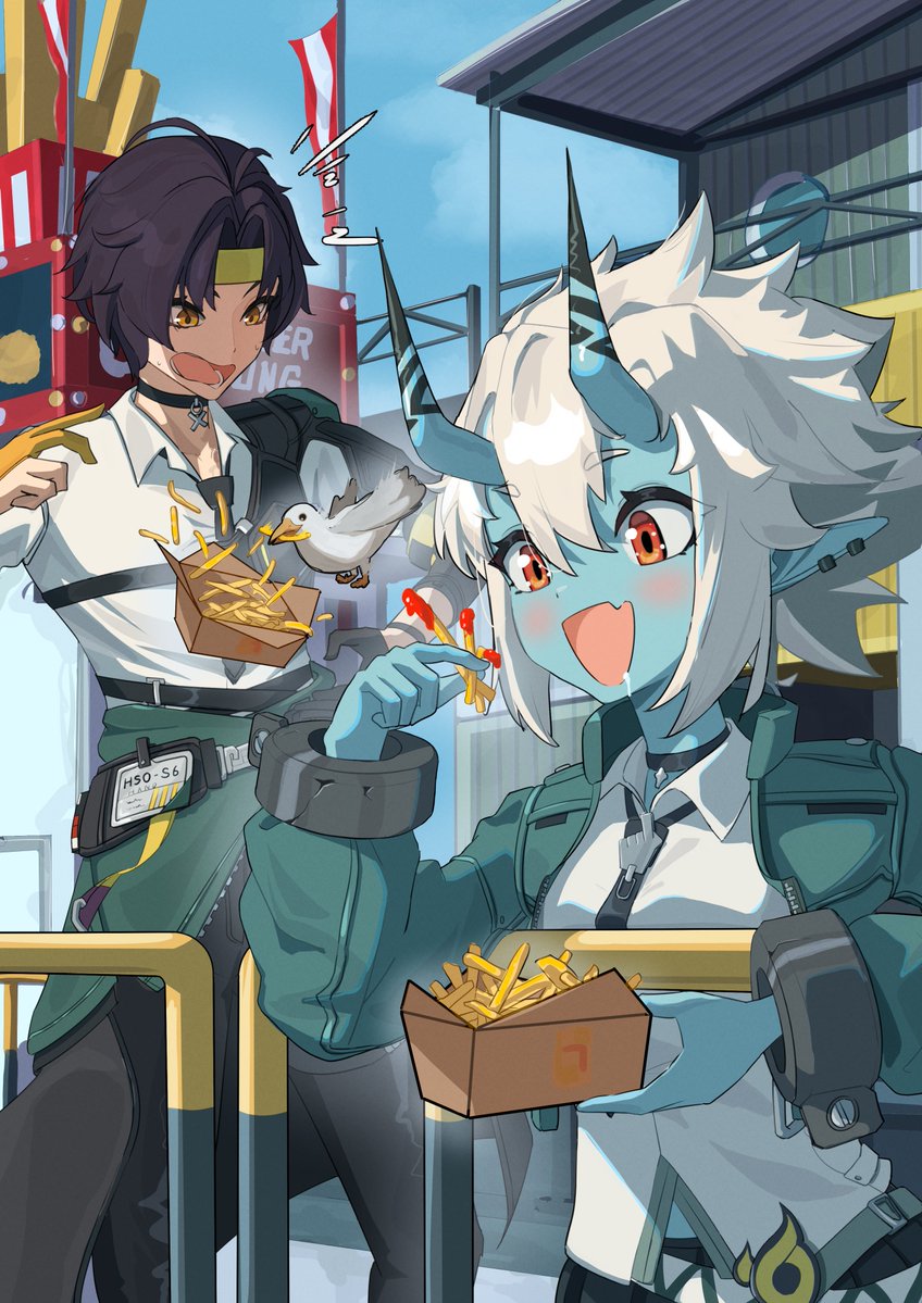 1boy, 1girl, against_railing, bird, black_hair, blush, eating, food