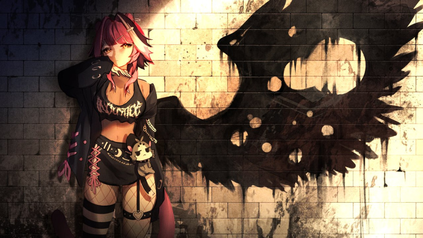 angel_with_a_shotgun, animal_ears, drawn_wings, emo_fashion, graffiti, hair_intakes, holojustice, hololive