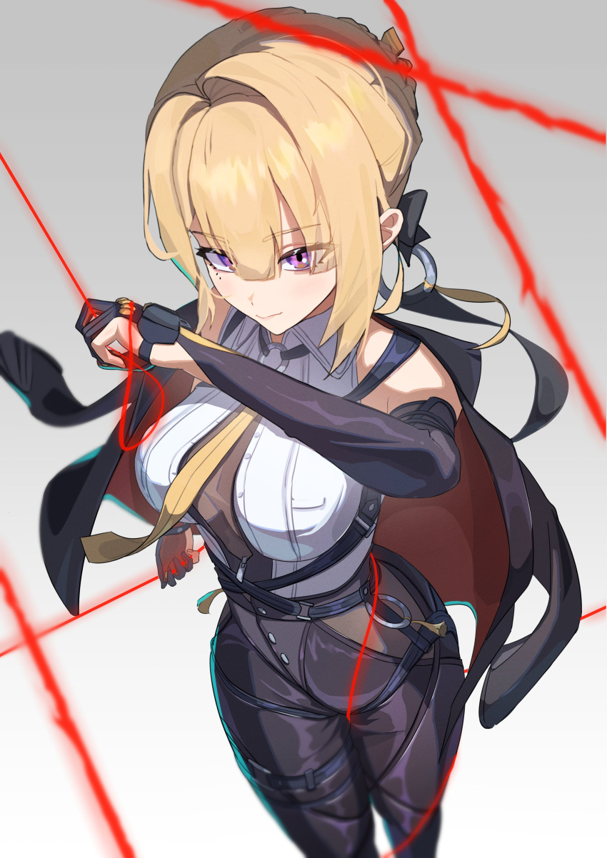 1girl, absurdres, black_pants, blonde_hair, breasts, elbow_gloves, evelyn_chevalier, fingerless_gloves