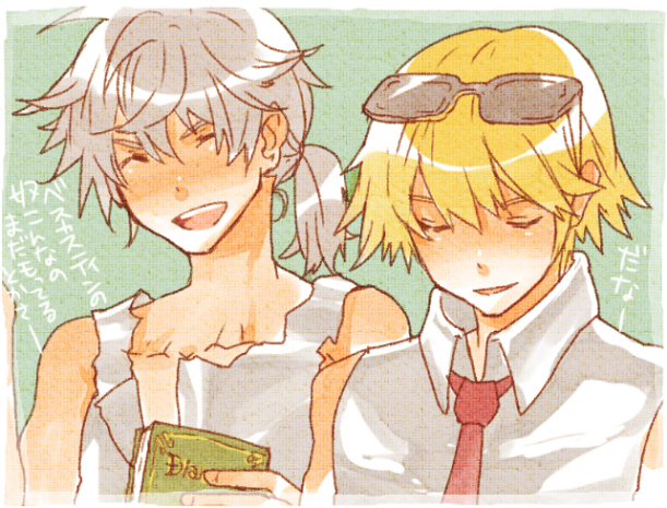 2boys, alexander_digotz, bad_id, blonde_hair, closed_eyes, collared_shirt, commentary_request, grey_hair