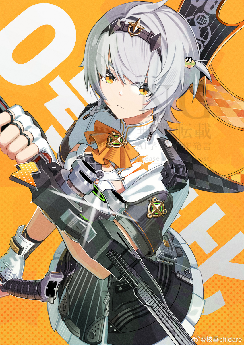 1girl, anby_demara, anby_demara_(silver_soldier), ascot, black_hairband, black_skirt, burger_hair_ornament, character_name