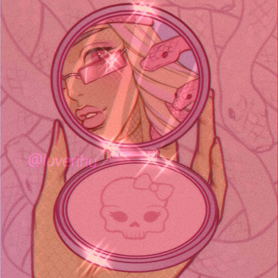 1girl, blonde_hair, holding, holding_mirror, long_hair, luverihu, mirror, monster_high