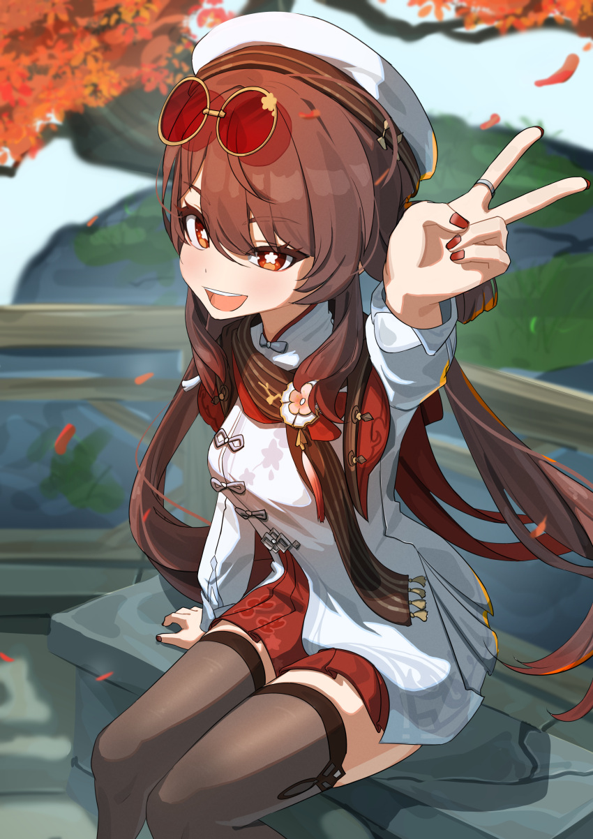 1girl, absurdres, beret, black_thighhighs, brown_hair, flower-shaped_pupils, genshin_impact, hat