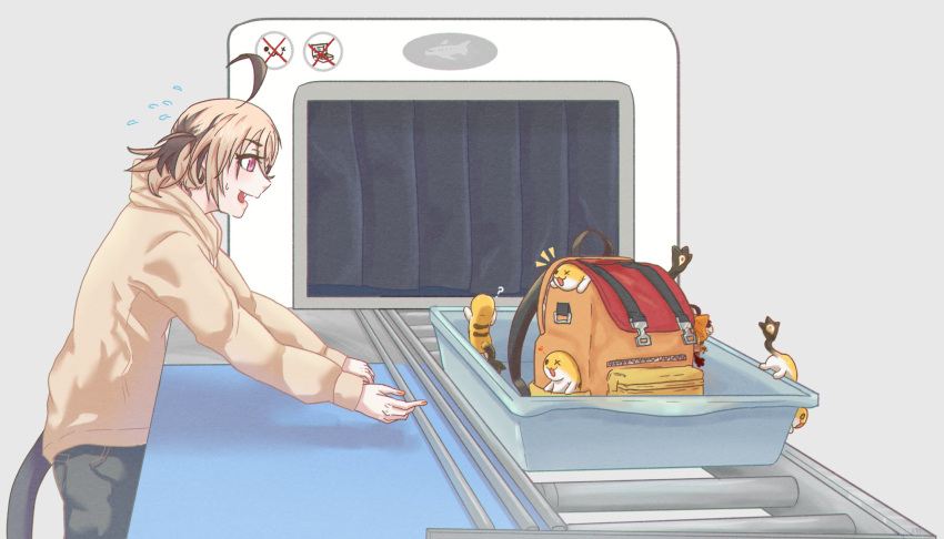 1girl, :d, ?, ahoge, airport_security, backpack, bag, blonde_hair, blue_pants, brown_hair, brown_streaks, casual, commentary, conveyor_belt, creature, denim, english_commentary, eyelashes, fang, flying_sweatdrops, from_side, gigi_murin, grem_(gigi_murin), grey_background, highres, hololive, hololive_english, hood, hood_down, hoodie, jeans, leaning_forward, light_blush, long_sleeves, multicolored_hair, nail_polish, no_symbol, notice_lines, orange_bag, pants, pink_eyes, pink_nails, reaching, security_checkpoint, shep_ww, short_hair, short_twintails, smile, solo, standing, streaked_hair, sweatdrop, tail, tray, twintails, two-tone_hair, unworn_bag, virtual_youtuber, x-ray_machine, yellow_hoodie