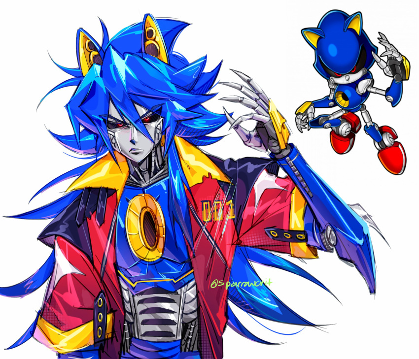 1boy, :/, animal_ears, arm_up, black_sclera, blue_hair, closed_mouth, collared_jacket, colored_sclera, commentary, english_commentary, furry_and_humanization, hair_between_eyes, highres, humanization, humanoid_robot, jacket, long_hair, looking_at_viewer, male_focus, metal_sonic, multicolored_jacket, open_clothes, open_jacket, red_eyes, reference_inset, robot, short_sleeves, simple_background, sonic_(series), sparrowcrit, upper_body, white_background