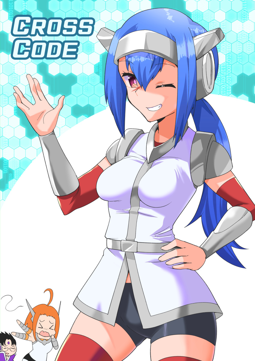 1boy, 2girls, absurdres, ahoge, armor, bike_shorts, black_hair, blonde_hair