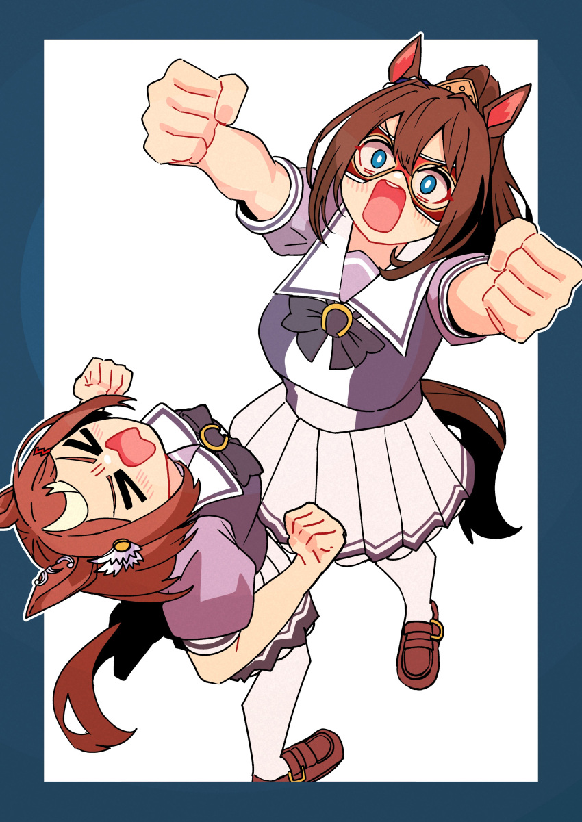 >_<, 2girls, absurdres, animal_ears, blue_eyes, blush, breasts, brown_hair