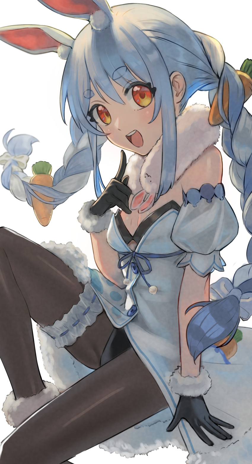 1girl, :d, @acchom_zatta, absurdres, animal_ear_fluff, animal_ears, bare_shoulders, black_gloves