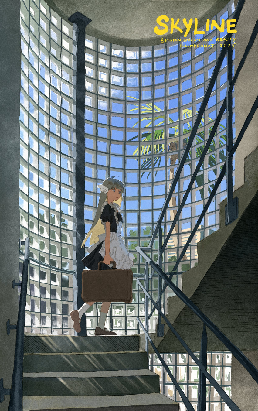 1girl, absurdres, ahoge, ankle_socks, apron, artist_name, blonde_hair, blue_eyes