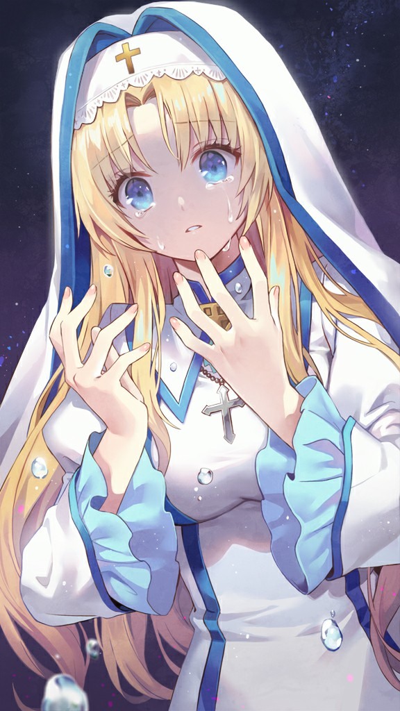 1girl, blonde_hair, blue_eyes, briella_(eternal_senia), coif, cross, cross_necklace, crying