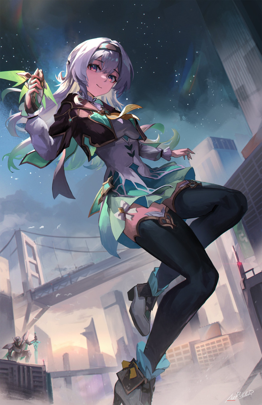 absurdres, aqua_dress, az'ruler, bridge, building, closed_mouth, cropped_jacket, dress