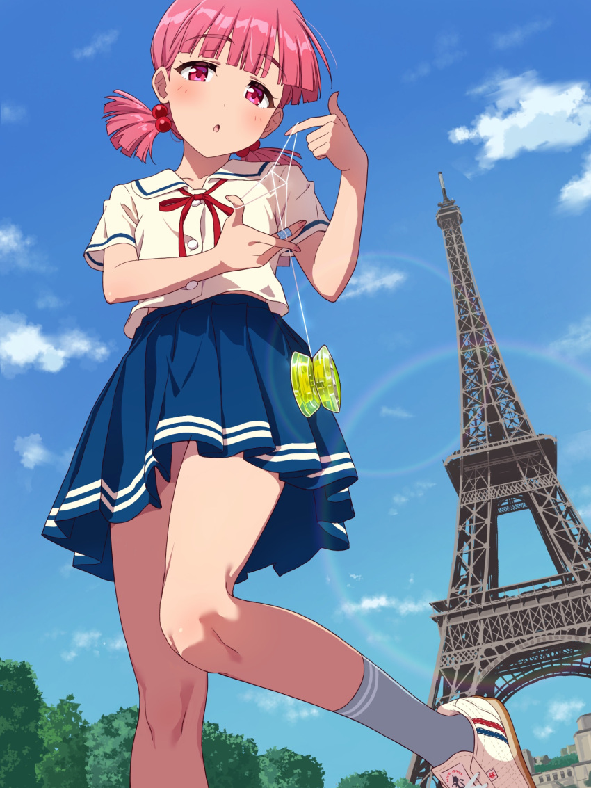 1girl, blue_skirt, blue_sky, chousoku_spinner, clouds, commentary_request, eiffel_tower, grey_socks
