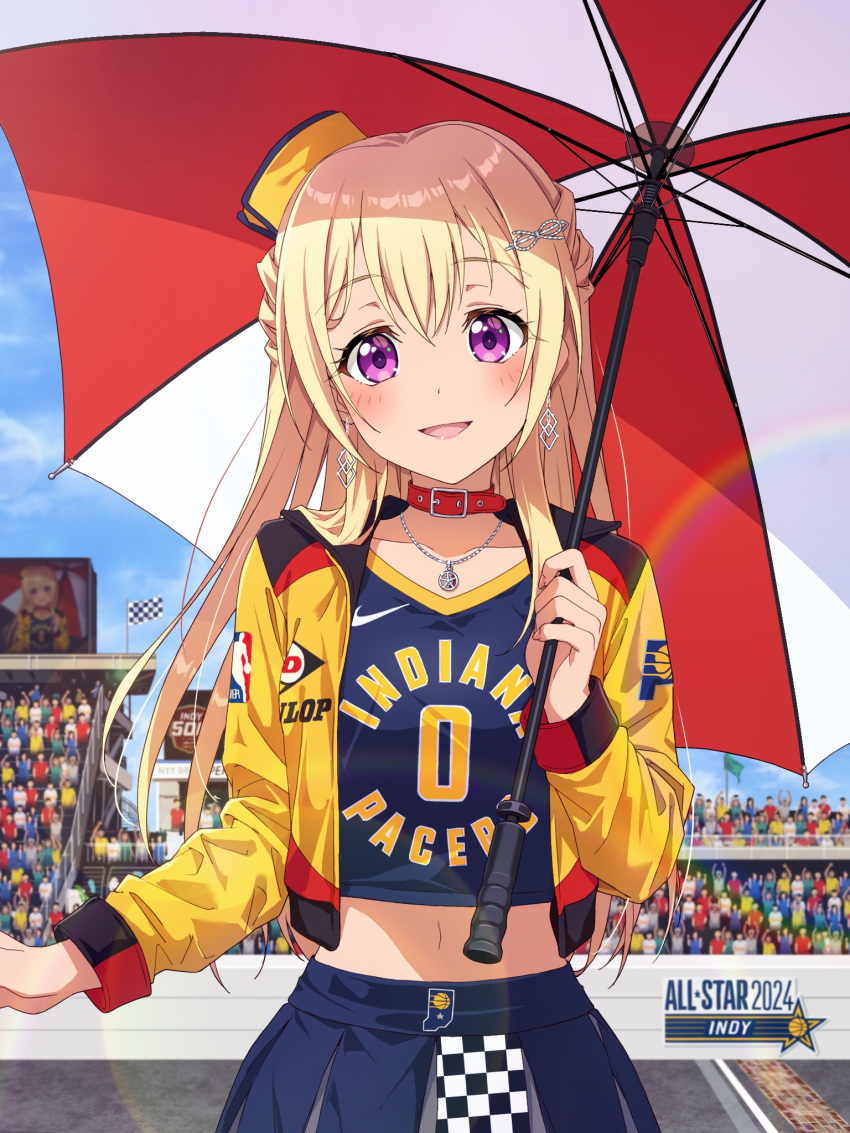 1girl, :d, bang_dream!, blonde_hair, blue_skirt, blush, breasts, cheerleader
