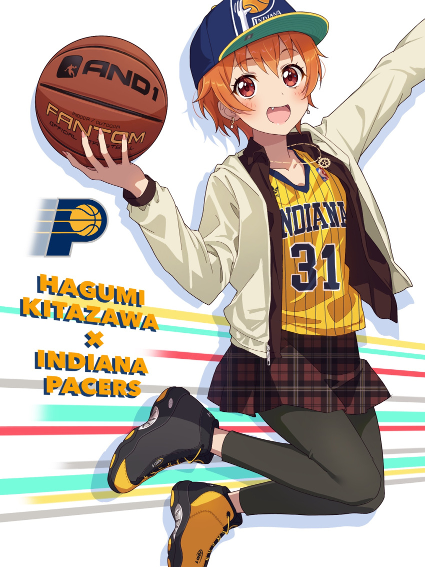 1girl, :d, ball, bang_dream!, basketball_(object), basketball_jersey, black_leggings, black_shoes